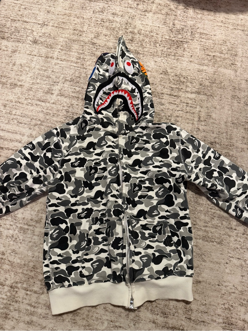 Bape Shark Full-Zip Hoodie - Gray Camo with Red Accent